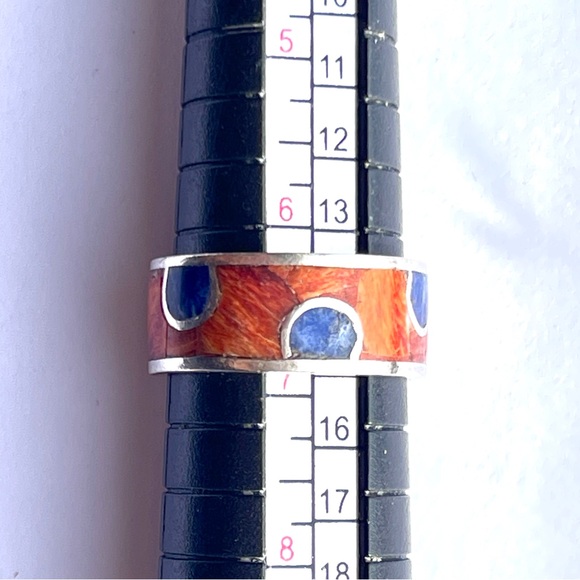 Vintage Native American 950 Silver Spiny Oyster Lapis Lazuli Inlaid Ring - Picture 3 of 8